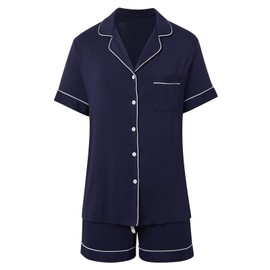 Celucke Women's Summer Pajama Set, Soft Breathable Sleepwear Short Sleeve Top with Comfortable Shorts Nightwear Set, Satin Pyjamas For Women, Pj Shorts Set, Ladies Comfort Lounge Wear Navy