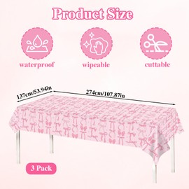 3 Pack Pink Bow Disposable Table Cloth Plastic Tablecloth 137 x 274 cm Rectangular Tablecloths for Indoor Outdoor Table Cover for Wedding Babyshower Birthday Party Decorations