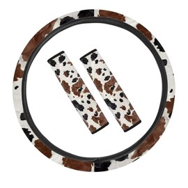Coldinair Brown Cow Print Universal Car Steering Wheel Cover & Seat Belt Shoulder Pads Fit Most Cars,Truck SUV,Soft and Stretchy