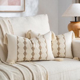 Fancy Homi Set of 2 Neutral Tan Lumbar Decorative Throw Pillow Cover 12x20 Inch for Couch Bed Sofa Chair, Organic Farmhouse Boho Home Decor, Soft Cute Accent Taupe Rectangle Cushion Case with Tassels