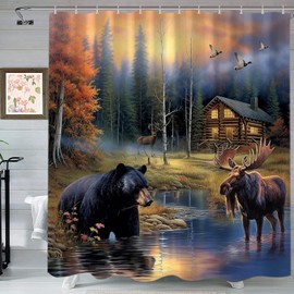 Sanzugh Rustic Bear Shower Curtain, Country Moose Deer Cabin Fabric Shower Curtains Set for Bathroom Lake Lodge Duck Decoration with Hooks 72 X 78 inch Farmhouse Bath Decor