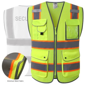 JKSafety 9 Pockets Security Hi-Vis Reflective Safety Vest | HQ Mesh Lite Neon Yellow Body Color Orange Trimming | ANSI/ISEA Compliance (JK100 SEC 3XL)