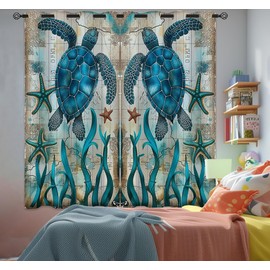 Sea Turtles Blackout Curtains for Girls Boys Home Decor, Tropical Ocean Teal Starfish Nautical Map Grommet Thermal Insulated Drapes Darkening Window Curtain for Bedroom Living Room, 42 x 63 Inch
