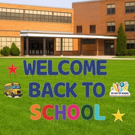 Welcome Back to School Yard Sign – Colorful Outdoor Lawn Letters with School Bus and First Day Icons – Back to School Decorations for Teachers and Students