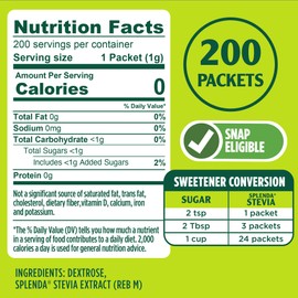SPLENDA Stevia Zero Calorie Sweetener, Sugar Substitute Packets, 200 Count (Pack of 1)