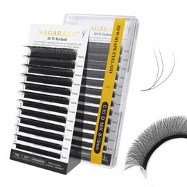 NAGARAKU 3D W Eyelash Extensions, Eyelash Extension, Self-Fanning Lash, Pre-Fanned Ready-to-Use Fan Weave with Long Handle, Premade Fans Volume Cluster, Mega Matte Black (0.10 mm, D Curl, 8-15 mm)