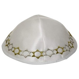 Majestic Giftware Soft White Satin Kippah with Embroidered Gold and Silver Stars of David Trim - Yarmulkah for Boys - 4 Part