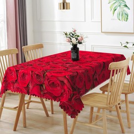 TTQYFNM 60x102inches Red Rose Floral Tablecloth Romantic Rose Flowers Blossom Nature Print Rectangle Table Cloth Wipeable Polyester Table Cover for Dining Room Kitchen Outdoor Wedding Party Decor