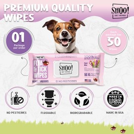 Shoo! Flea & Tick Wipes for Dogs | Convenient, Easy On-The-Go Protection | Plant Based, Natural Oils, Chemical Free | Repels & Prevents | 50 XL Wipes | (Floral Bliss)