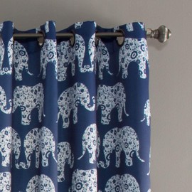 Lush Decor Elephant Parade Curtains Floral Animal Print Design Window Panel Drapes Set for Living, Dining, Bedroom (Pair), 84” x 52”, Navy