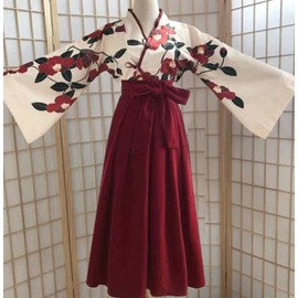Lady Lazy Taisho Roman, Hakama, Kimono, Chinese Clothing, Cosplay, Ethnic Costume, Women's Long, Camellia Pattern (Red, S)