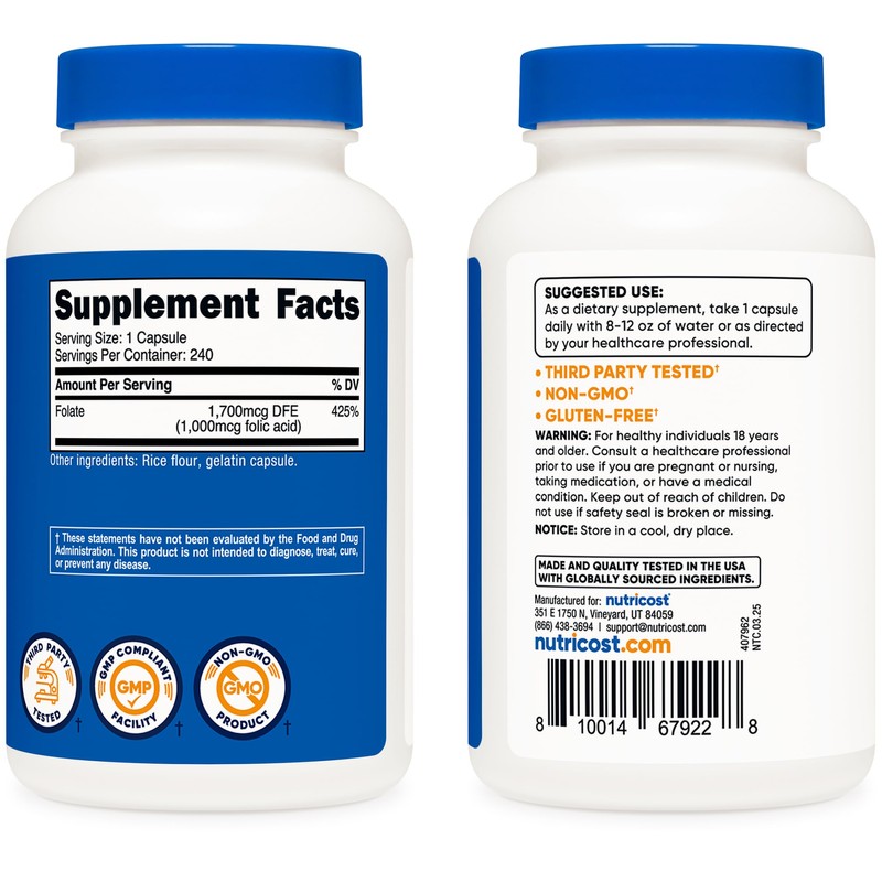 Nutricost Folic Acid (Vitamin B9) 1000 mcg, 240 Capsules