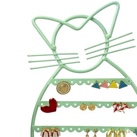 ERYTLLY Earring Holder Organizer, Earring Display, Cat Shaped Earring Holder Stand with Wood Heart Shaped Base for Girls/Kids-47 Stud Earrings Holes (Mint Green)
