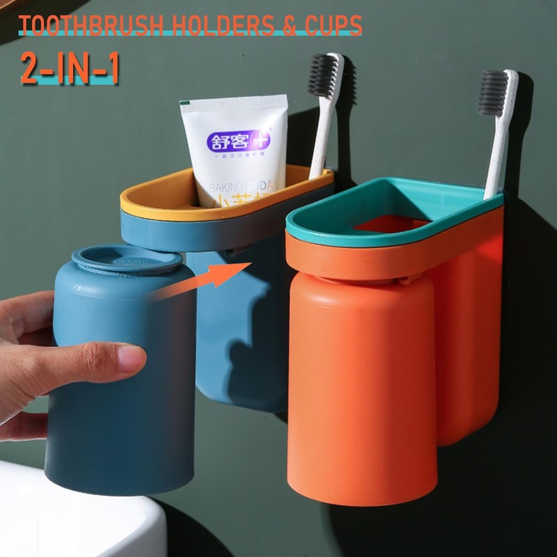 Toothbrush Holder Wall Mounted with Cup,2-in-1 Toothbrush Holders & Cups