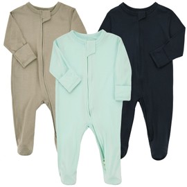Aablexema Baby Zipper Pajamas Bamboo Rayon, 3pcs Unisex Infant Onesie with Mitten Long Sleeve Footed Pjs(Navy & Mint & Coffee,Newborn)