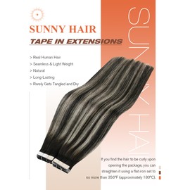 Sunny Hair Tape in Hair Extensions Real Human Hair Invisible Remy Hair Extensions Tape ins for Women Natural Black Roots to Silver Grey Balayage 20 inch 20Pcs 50G
