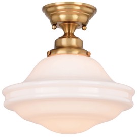 VAXCEL Huntley 12 inch Semi-Flush Ceiling Light, Farmhouse Style, Schoolhouse, White Milk Glass, Natural Brass Finish, Dimmable, E26 Bulb Compatible, Damp Rated