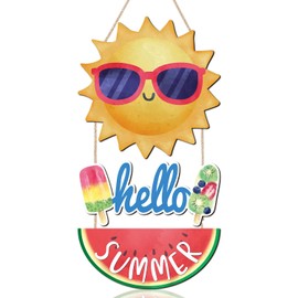 IARTTOP Hello Summer Welcome Wooden Sign, 11.6 * 22inch Sunshine Ice Cream Watermelon Wall Decor,Colorful Summer Holiday Popsicle Sunglasses Wall Hanging Sign for Party Porch Front Door