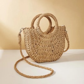 Handwoven Straw Rattan Half-Moon Beach Handbag Large Capacity Women Summer Hollow Out Cros