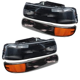 For Chevy 00-06 Tahoe Suburban 1500 2500/99-02 Silverado 1500 2500/01-02 Silverado 1500HD 2500HD 3500 Headlight Pair Set Black Housing Smoke Lens
