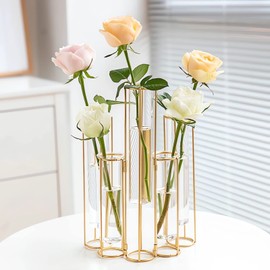 Gold Vases for Centerpieces, Test Tube Flower Vase with 5 Test Tubes, Gold Flower Vase with Metal Stand Racks Hydroponic, Glass Hinged Propagation Plant Vase for Wedding Table Home Decor