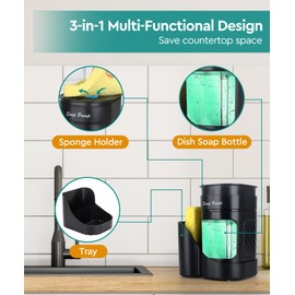 Dish Soap Dispenser with Sponge Holder, Soap Dispenser for Kitchen Sink(Includes One Sponge), 3-in-1 Kitchen Soap Dispenser Set - Black