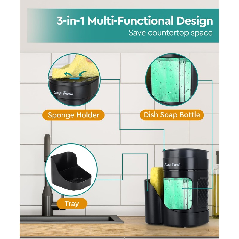 Dish Soap Dispenser with Sponge Holder, Soap Dispenser for Kitchen