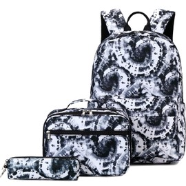 Joyfulife Girls Backpacks, Tie Dye Backpack for Girls Kids Bookbags School Backpack with Lunch Box (Tie Dye Black)