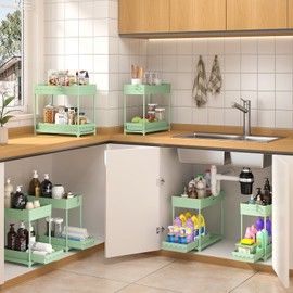 Sevenblue 3 Pack Under Sink Organizers, 2-Tier Multi-Use Kitchen and Bathroom Organizers and Storage with Sliding Drawers，Bathroom Cabinet Organizer (Green, 12.8 Inch)