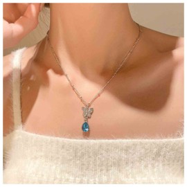 Allereya Vintage Crystal Sapphire Pendant Necklace Tiny Butterfly Necklace Drop Sapphire Choker Necklace Silver Beads Chain Necklace Jewellery for Women and Girls, Metal, Sapphire
