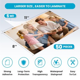【5 Mil】 Self Adhesive Laminating Sheets, 8 x 11 Inch Laminate Sheets, 50 Pack No Heat Laminating Sheets, Self Sealing Laminating Sheets for Laminator, Round Corner, No Heat, No Machine Needed