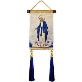 Our Lady of Grace Catholic Icon of Virgin Mary Religious Tapestry With Tassels and Faux Pearls 13 1/2 Inch, Religious Gifts For Woman Man