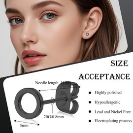 Circle Earrings for Women, Black Earrings Stud, Nickel Free Titanium Earrings Stud, Hypoallergenic Circle Stud Earrings for Sensitive Ear, 5mm, Titanium, No Gemstone