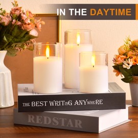 Glass Battery Operated LED Pillar Flameless Candles with10-Key Remote and Timer, Real Wax Candles Warm Color Wick Flickering Light for Festival Wedding bar Cafe Home Party Decor(Pack of 3)-Lvory White