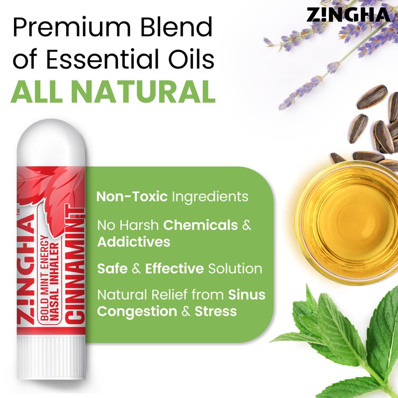 Z!NGHA Natural Aromatherapy Nasal Inhaler Stick for Sinus Relief, Focus