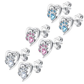 HinDaLi 3 Pairs 925 Sterling Silver Earrings Set Women Earrings Studs Silver Heart Stud Earrings for Women Puppy Dog Cat Paw Stud Earrings Silver Heart Earrings for Girls Zirconia Earrings Blue Pink
