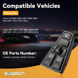 SOAESCN Power Window Switch Driver Side for 2005-2014 Volvo VN, 2005-2016 Volvo VNL, Master Window Control Switch, Door Window Switch - Replaces 21628532, 22569484, 20752917, 9010014