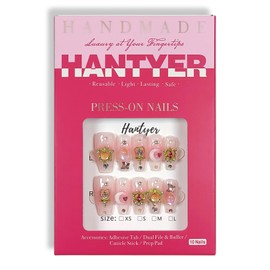 Hantyer Y2K Press on Nails with Tools Kit, Medium Long Coffin Glossy Nails, Fake Nails in Pastel Pink, False Nails with 3D Moon Charms, Kawaii Style for Anime Parties & Special Events(Size M)