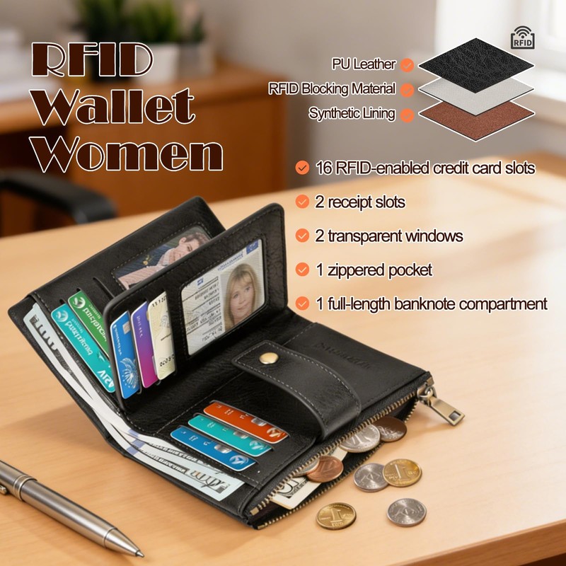 NAWHAOA Womens Wallet Small Leather RFID Blocking Tri-Fold Large Capacity