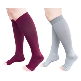 Open Toe Compression Socks 2 Pairs 15-20mmHg Support Circulation Medical Toeless Compression Socks Recovery Varicose Veins (as1, alpha, s, m, regular, regular, LightGray & Wine Red)