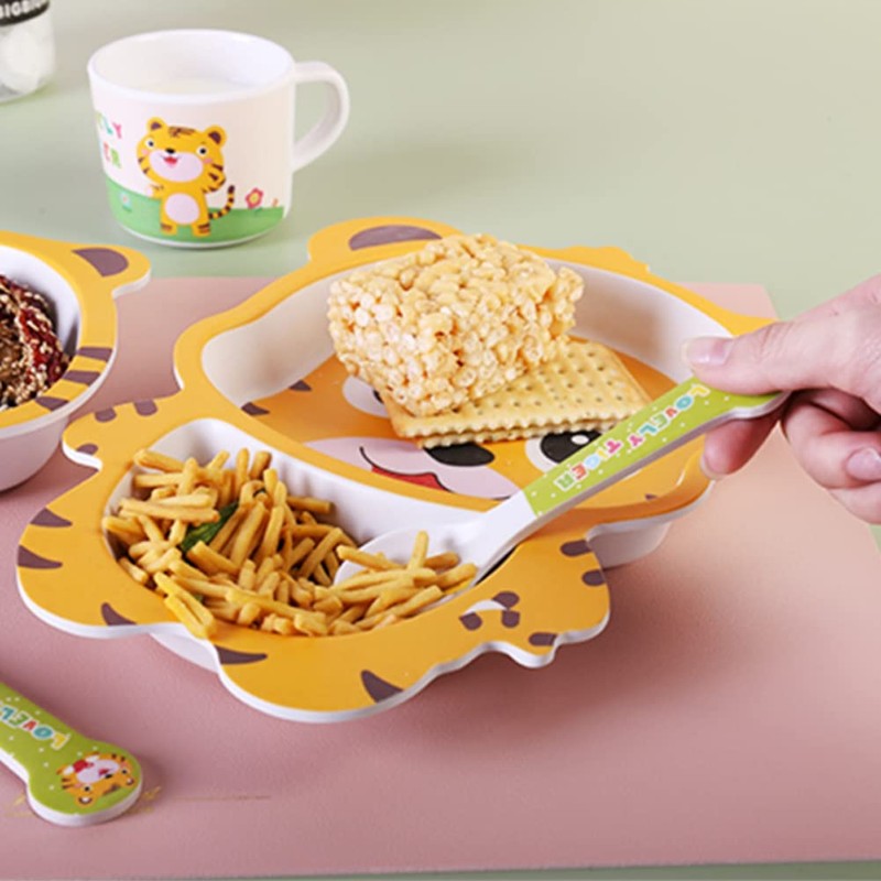 Fekdod Bamboo Kids Dinnerware Set 5 Pcs Includes Plate Bowl