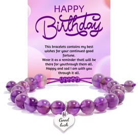 "GOOD LUCK" Birthday Gifts Bracelets, Natural Stone, Adjustable Birthday Gifts Bracelets for Girls Women 5-30 Year Old, Best Birthday Gift for Daughter Granddaughter Wife Mom and Sisters (amethyst)