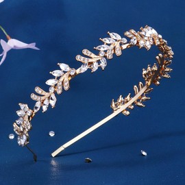 Xerling Gold Crystal Headband Rhinestones Hair Band Leaf Shape Metal Hair Jewelry Hair Accessories for Women Girls Party Birthday (Type E Gold)