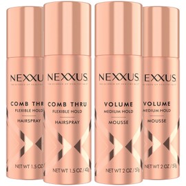 Nexxus Travel Hairspray and Mousse Bundle – Comb Thru Flexible Hold Hairspray (1.5 Oz) 2-Pack + Volume Medium Hold Mousse (2 Oz) 2-Pack, Anti-Humidity, Frizz Control, Rose Fragrance