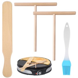 Crêpe-Zubehör, crepes wender,Crêpe-Teigverteiler, Werkzeuge für Crêpe-Liebhaber, 1 Spatel aus Buchenholz + 2 T-förmige Crêpe-Verteiler aus Holz + 1 Bürste