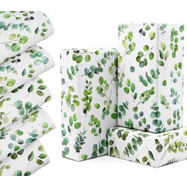 QRTDXP 50 * 70cm Large Size Wrapping Paper Sheet with Green Eucalyptus Leaf，5pcs Plant Recyclable Gift Wrap for Birthday Wedding Aniversary for Boys or Girls Father's Day