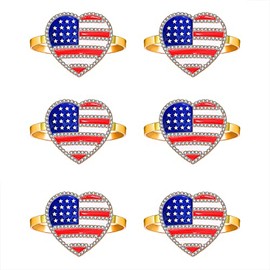 6PCS 4th of July American Flag Napkin Rings Rhinestone Patriotic Heart Star Napkin Holder Rings Independence Day Banquet Party Dinner Table Decor Accessory (6PCS Rhinestone Heart)