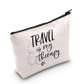 Travel Lover Gift Travel is My Therapy Makeup Bag Adventure Lover Zipper Cosmetic Bag Traveler Themed Gift World-Wide Traveler Zipper Travel Bag (Travel is My Therapy White)
