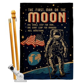Breeze Decor First Men On Moon Burlap House Flag Set Armed Forces NASA Space Program Discovery Sky Astronomy United State American US Banner Small Garden Yard Gift Double-Sided, Made in USA