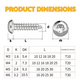 BACSHBY Pack of 50 M5 x 25 mm Self-Tapping Screws, Stainless Steel Tapping Screws, Torx Flat Head Screws, Round Head, A2 V2A, Wood Screws, Full Thread